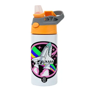 NASA pink, Παιδικό παγούρι θερμό, ανοξείδωτο, με καλαμάκι ασφαλείας, Πορτοκαλί/Γκρι (360ml) BPA-FREE