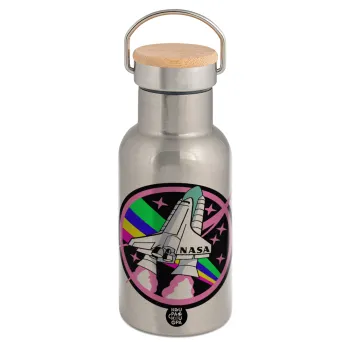 NASA pink, Μεταλλικό παγούρι θερμός (Stainless steel) Ασημένιο με ξύλινο καπακι (bamboo), διπλού τοιχώματος, 350ml