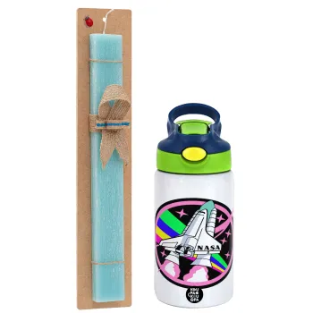 NASA pink, Easter Set, Children's thermal stainless steel bottle with safety straw, green/blue (350ml) & aromatic flat Easter candle (30cm) (TURQUOISE)