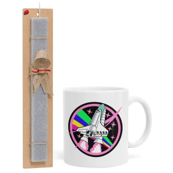 NASA pink, Πασχαλινή Λαμπάδα με Κούπα κεραμική (330ml) & κερί αρωματικό πλακέ (30cm) (ΓΚΡΙ)