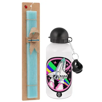 NASA pink, Πασχαλινή Λαμπάδα με παγούρι μεταλλικό αλουμινίου (500ml) & λαμπάδα αρωματική πλακέ (30cm) (ΤΙΡΚΟΥΑΖ)