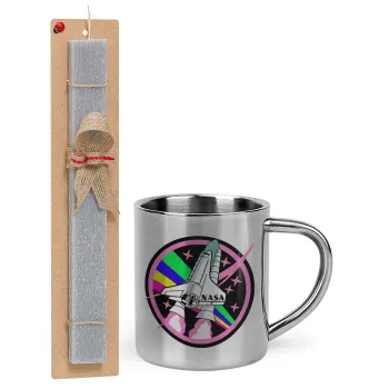 NASA pink, Easter Set, metallic thermal cup (300ml) & Easter aromatic flat candle (30cm) (GRAY)