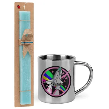 NASA pink, Πασχαλινή Λαμπάδα με μεταλλική κούπα θερμό (300ml) & κερί αρωματικό πλακέ (30cm) (ΤΙΡΚΟΥΑΖ)