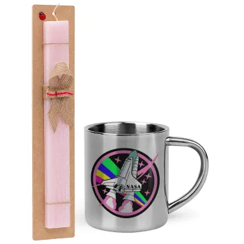 NASA pink, Easter Set, metallic thermal cup (300ml) & aromatic flat Easter candle (30cm) (PINK)