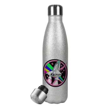 NASA pink, Μεταλλικό παγούρι θερμός Glitter Aσημένιο (Stainless steel), διπλού τοιχώματος, 500ml
