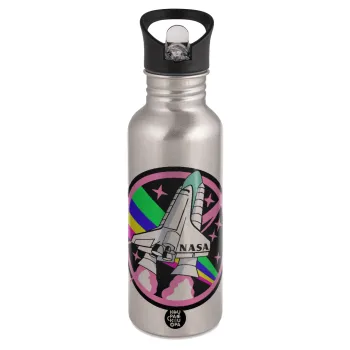 NASA pink, Παγούρι νερού Ασημένιο με καλαμάκι, ανοξείδωτο ατσάλι 600ml
