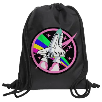 NASA pink, Τσάντα πλάτης πουγκί GYMBAG Μαύρη, με τσέπη (40x48cm) & χονδρά κορδόνια