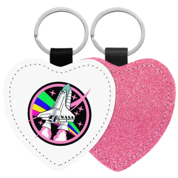NASA pink, Μπρελόκ PU δερμάτινο glitter καρδιά ΡΟΖ