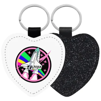 NASA pink, Μπρελόκ PU δερμάτινο glitter καρδιά ΜΑΥΡΟ