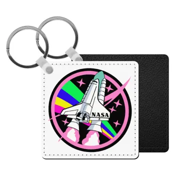 NASA pink, Μπρελόκ Δερματίνη, τετράγωνο ΜΑΥΡΟ (5x5cm)