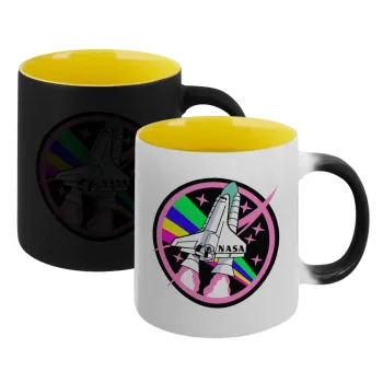 NASA pink, Κούπα Μαγική εσωτερικό κίτρινη, κεραμική 330ml που αλλάζει χρώμα με το ζεστό ρόφημα
