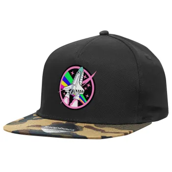 NASA pink, Adult Flat Snapback Hat Black/Camouflage, (100% COTTON TWILL, ADULT, UNISEX, ONE SIZE)