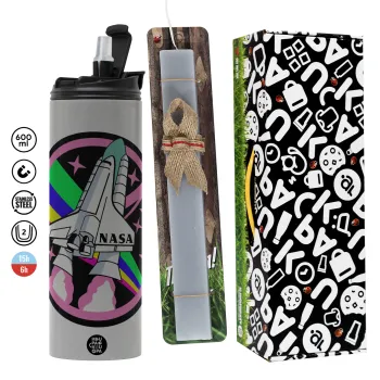 NASA pink, Πασχαλινή Λαμπάδα με Travel Tumbler θερμό (600ml, BPA free) & κερί αρωματικό πλακέ (30cm) (ΓΚΡΙ)