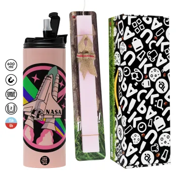 NASA pink, Πασχαλινή Λαμπάδα με  ΡΟΖ Travel Tumbler θερμό (600ml, BPA free) & κερί αρωματικό πλακέ (30cm) (ΡΟΖ)