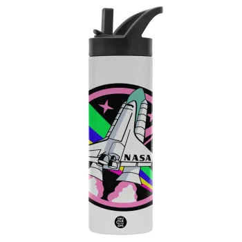 NASA pink, Μεταλλικό παγούρι θερμός με καλαμάκι & χειρολαβή, ανοξείδωτο ατσάλι (Stainless steel 304), διπλού τοιχώματος, 600ml