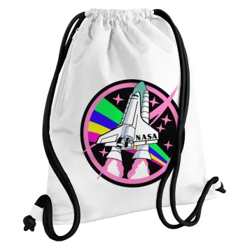 NASA pink, Τσάντα πλάτης πουγκί GYMBAG λευκή, με τσέπη (40x48cm) & χονδρά κορδόνια