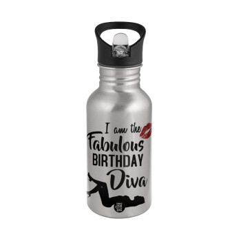 I am the fabulous Birthday Diva, Water bottle Silver with straw, stainless steel 500ml