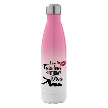 I am the fabulous Birthday Diva, Metal mug thermos Pink/White (Stainless steel), double wall, 500ml