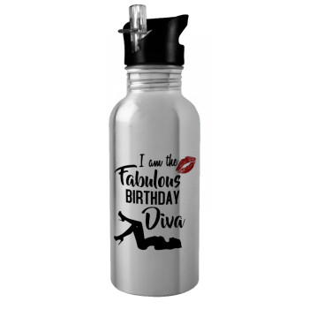 I am the fabulous Birthday Diva, Water bottle Silver with straw, stainless steel 600ml