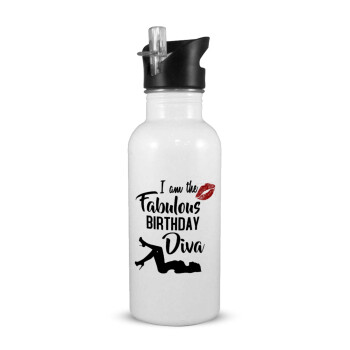 I am the fabulous Birthday Diva, White water bottle with straw, stainless steel 600ml