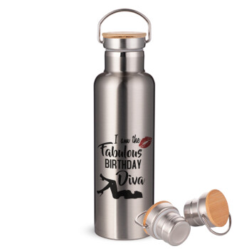 I am the fabulous Birthday Diva, Stainless steel Silver with wooden lid (bamboo), double wall, 750ml