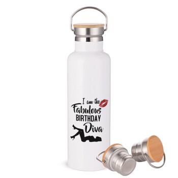 I am the fabulous Birthday Diva, Stainless steel White with wooden lid (bamboo), double wall, 750ml
