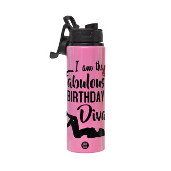 I am the fabulous Birthday Diva, Μεταλλικό παγούρι νερού με καπάκι ασφαλείας, αλουμινίου 850ml