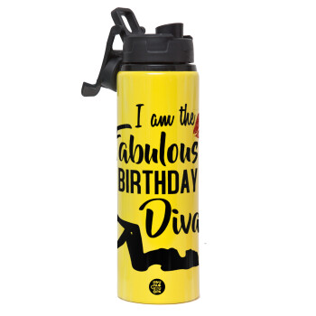 I am the fabulous Birthday Diva, Μεταλλικό παγούρι νερού με καπάκι ασφαλείας, αλουμινίου 850ml