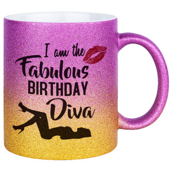 I am the fabulous Birthday Diva, Κούπα Χρυσή/Ροζ Glitter, κεραμική, 330ml