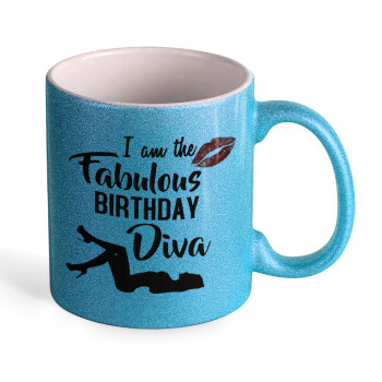 I am the fabulous Birthday Diva, Κούπα Σιέλ Glitter που γυαλίζει, κεραμική, 330ml