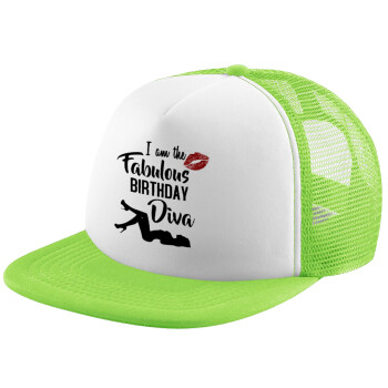 I am the fabulous Birthday Diva, Καπέλο Soft Trucker με Δίχτυ Πράσινο/Λευκό