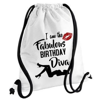 I am the fabulous Birthday Diva, Τσάντα πλάτης πουγκί GYMBAG λευκή, με τσέπη (40x48cm) & χονδρά κορδόνια