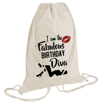I am the fabulous Birthday Diva, Τσάντα πλάτης πουγκί GYMBAG natural (28x40cm)