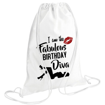 I am the fabulous Birthday Diva, Τσάντα πλάτης πουγκί GYMBAG λευκή (28x40cm)