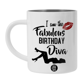 I am the fabulous Birthday Diva, Λευκή Ανοξείδωτη Μεταλλική Κούπα 450ml - Διπλού Τοιχώματος 