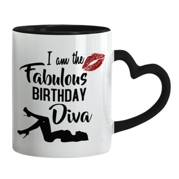 I am the fabulous Birthday Diva, Mug heart black handle, ceramic, 330ml