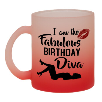 I am the fabulous Birthday Diva, Κούπα γυάλινη δίχρωμη με βάση το κόκκινο ματ, 330ml