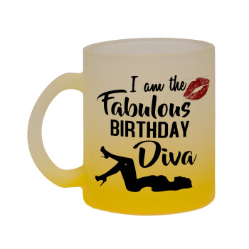 I am the fabulous Birthday Diva, Κούπα γυάλινη δίχρωμη με βάση το κίτρινο ματ, 330ml