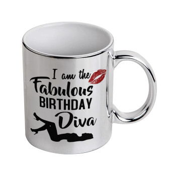 I am the fabulous Birthday Diva, Κούπα κεραμική, ασημένια καθρέπτης, 330ml