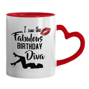 I am the fabulous Birthday Diva, Mug heart red handle, ceramic, 330ml