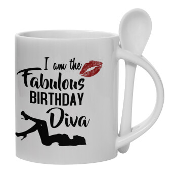 I am the fabulous Birthday Diva, Ceramic coffee mug with Spoon, 330ml (1pcs)