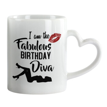 I am the fabulous Birthday Diva, Κούπα καρδιά χερούλι λευκή, κεραμική, 330ml
