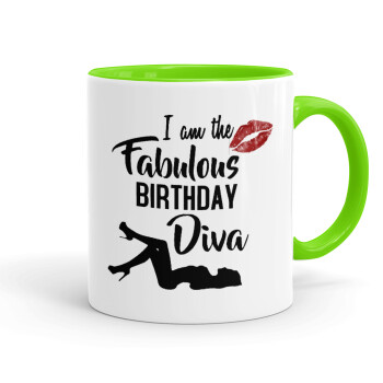 I am the fabulous Birthday Diva, Mug colored light green, ceramic, 330ml