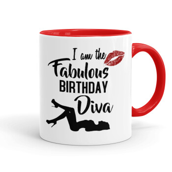 I am the fabulous Birthday Diva, Κούπα χρωματιστή κόκκινη, κεραμική, 330ml