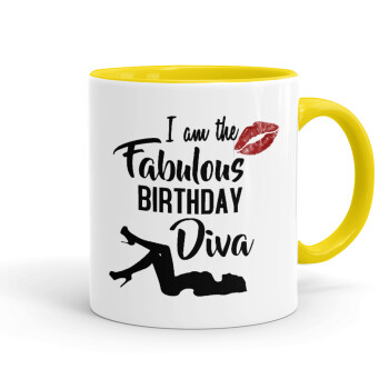 I am the fabulous Birthday Diva, Mug colored yellow, ceramic, 330ml