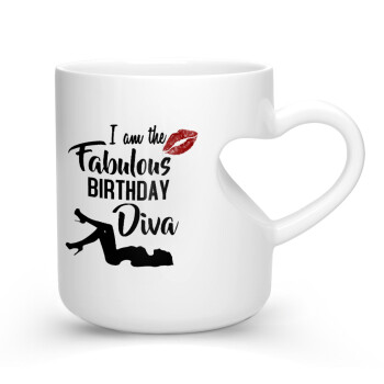 I am the fabulous Birthday Diva, Κούπα καρδιά λευκή, κεραμική, 330ml