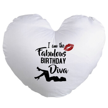 I am the fabulous Birthday Diva, Μαξιλάρι καναπέ καρδιά 40x40cm περιέχεται το  γέμισμα