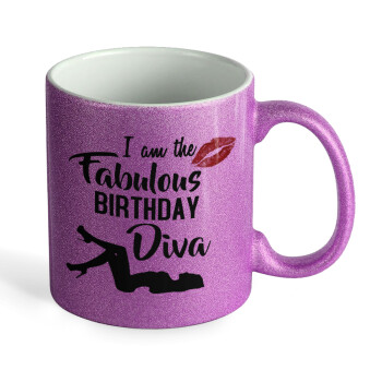 I am the fabulous Birthday Diva, Κούπα Μωβ Glitter που γυαλίζει, κεραμική, 330ml