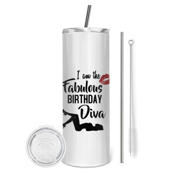 I am the fabulous Birthday Diva, Tumbler stainless steel 600ml, with metal straw & cleaning brush