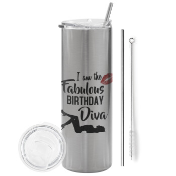 I am the fabulous Birthday Diva, Eco friendly stainless steel Silver tumbler 600ml, with metal straw & cleaning brush